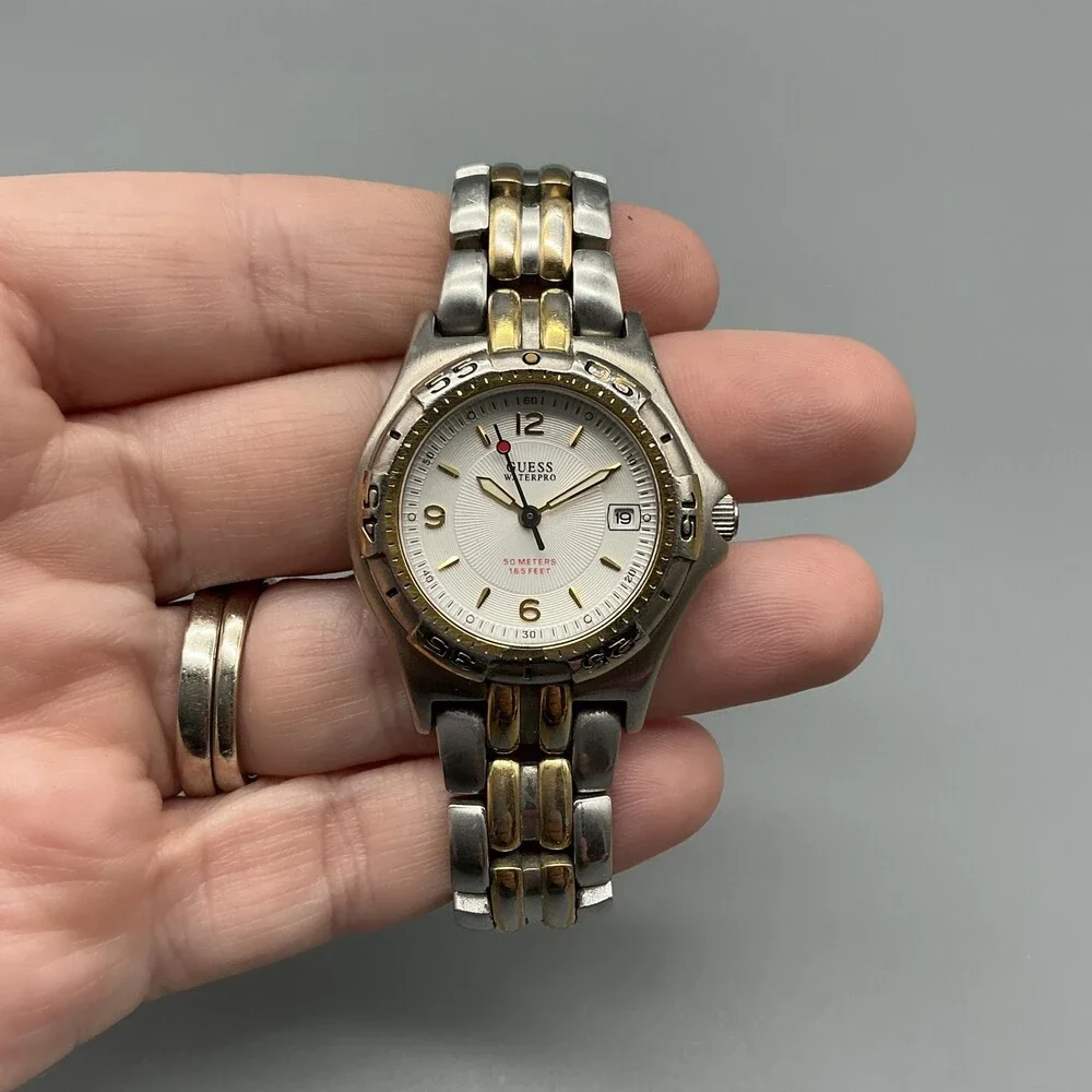 Guess Waterpro Womens Watch 28mm White Dial Two Tone 50M New Battery 5.5